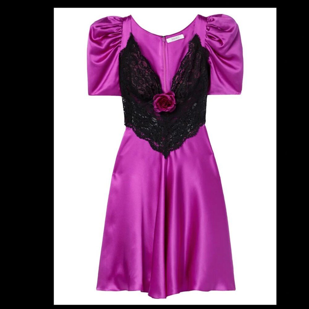 Rodarte Black Lace Short Sleeve Silk Mini Dress Sz 8 Purple Removable Flower